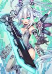  1girl :d aqua_eyes bare_shoulders black_gloves black_heart breasts choujigen_game_neptune cleavage commentary gloves highres jpeg_artifacts long_hair looking_at_viewer neptune_(series) noire open_mouth smile solo sword sxbzero twintails weapon white_hair 