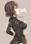  1girl blush brown_hair dated from_side hyuuga_(kantai_collection) kantai_collection parted_lips profile short_hair simple_background solo tomozo_kaoru turtleneck twitter_username wet wet_clothes wet_hair 