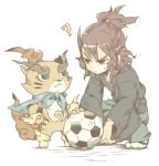  1boy ? ball brown_eyes brown_hair crossover frown furoshiki hakama inazuma_eleven_(series) inazuma_eleven_go inazuma_eleven_go_chrono_stone japanese_clothes kimono sandals shindou_takuto shindou_takuto_(mixi_max_oda_nobunaga) simple_background soccer_ball socks squatting standing telstar ticktack_chicken torajirou_(youkai_watch) white_background youkai youkai_watch zouri 