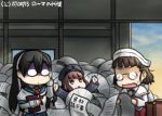  3girls adjusting_glasses black_hair brown_eyes brown_hair dated glasses hamu_koutarou hat kantai_collection long_hair multiple_girls necktie ooyodo_(kantai_collection) roma_(kantai_collection) shaded_face sweat translation_request wavy_mouth z3_max_schultz_(kantai_collection) 