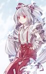  1girl albino blue_background bow expressionless fujiwara_no_mokou gradient gradient_background hair_bow hair_ornament hair_ribbon hands_in_pockets jpeg_artifacts long_hair looking_away pants red_eyes ribbon shirt solo torn_clothes torn_sleeves touhou white_hair zounose 