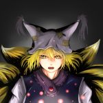  1girl blonde_hair fangs fox_tail gradient gradient_background green_(midoriryuu) hat hat_with_ears highres light_particles looking_at_viewer multiple_tails open_mouth short_hair simple_background solo tabard tail touhou upper_body yakumo_ran yellow_eyes 