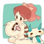  1girl blush brown_hair character_doll chiyoko_(oman1229) furoshiki ghost high_ponytail kodama_fumika koma-san long_hair open_mouth purple_lips sitting solo stuffed_toy whisper_(youkai_watch) youkai_watch 