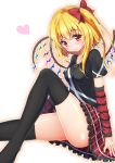  1girl black_legwear blonde_hair blush breasts detached_sleeves flandre_scarlet heart highres open_mouth red_eyes short_hair side_ponytail skirt smile solo thigh-highs touhou wings ymd_(holudoun) 