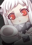  1girl :t against_glass fourth_wall horns kantai_collection long_hair looking_at_viewer meaomao mittens northern_ocean_hime pale_skin red_eyes shinkaisei-kan solo white_hair 