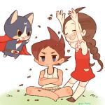  1boy 1girl amano_yukiko_(youkai_watch) barefoot blush brown_hair cat chiyoko_(oman1229) closed_eyes fuyunyan grass keizou long_hair open_mouth red_cape scar short_hair sitting twitter_username youkai youkai_watch youkai_watch_2 