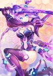  1girl blue_eyes boots braid breasts choujigen_game_neptune cleavage cleavage_cutout commentary gloves hair_ornament highres holding holding_sword holding_weapon jpeg_artifacts long_hair neptune_(choujigen_game_neptune) neptune_(series) power_symbol purple_hair purple_heart purple_legwear solo sword sxbzero symbol-shaped_pupils thigh-highs thigh_boots twin_braids very_long_hair weapon 