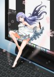  1girl :o aqua_eyes bare_shoulders barefoot computer computer_keyboard dress highres legs long_hair minigirl monitor open_mouth original petals solo stylus violet_eyes 