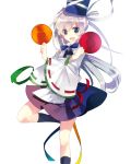  1girl blue_legwear bowtie dish fang hat hat_ribbon kneehighs long_hair long_sleeves mononobe_no_futo nr_(cmnrr) open_mouth pom_pom_(clothes) ponytail ribbon shirt silver_hair simple_background skirt smile solo standing_on_one_leg tate_eboshi touhou white_background wide_sleeves 