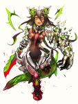  1girl armor bangs blade brown_hair glowing glowing_weapon green_eyes highres mechanical_arms mechanization multicolored_hair original shiratan simple_background sketch skin_tight solo tail tongue tongue_out weapon white_background 