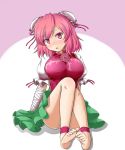  1girl bandages barefoot blush breasts bun_cover chinese_clothes cuffs double_bun flower highres ibaraki_kasen mono_(mono60) open_mouth pink_eyes pink_hair red_eyes rose short_hair skirt solo tabard touhou 