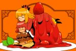  3girls aki_minoriko aki_shizuha blonde_hair closed_eyes food fruit girl_sandwich grapes hair_ornament mob_cap multiple_girls okazaki_yumemi onikobe_rin plate redhead sandwiched siblings sisters strawberry touhou 