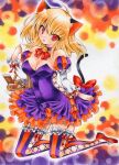  1girl ahoge animal_ears basket breasts cat_ears cat_tail cleavage garter_straps halloween highres izumo_neko kneeling open_mouth original red_eyes shoes solo tail traditional_media 