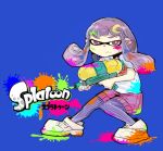  1girl alternate_costume blue_background character_name copyright_name cosplay crescent_hair_ornament full_body hair_ornament inkling long_hair looking_at_viewer mask pantyhose patchouli_knowledge patchouli_knowledge_(cosplay) pointy_ears purple_hair shirt shoes short_sleeves shorts simple_background sneakers solo splatoon striped striped_legwear super_soaker tentacle_hair touhou violet_eyes yumayouji 