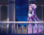  1girl book bow capelet crescent hair_bow hair_ornament hat hat_bow indoors long_hair long_sleeves mob_cap night night_sky nr_(cmnrr) patchouli_knowledge profile purple_hair sky solo star_(sky) striped touhou very_long_hair vest violet_eyes wide_sleeves window 