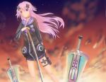  1girl adult_neptune d-pad hair_ornament highres holster long_hair neptune_(series) purple_hair solo sunset sword thigh_holster thigh_strap violet_eyes weapon 