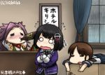  3girls blank_eyes bottle box cardboard_box desk drinking drunk gloves haguro_(kantai_collection) hair_ornament hamu_koutarou jun&#039;you_(kantai_collection) kantai_collection multiple_girls rain remodel_(kantai_collection) sake_bottle shirayuki_(kantai_collection) wavy_mouth 