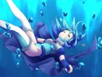  1girl blue blue_eyes blue_gloves blue_hair bubble cape fingerless_gloves gem gloves ole_tower sinking solo submersible_pump_(ole_tower) tagme thigh-highs underwater 