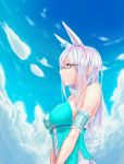  1girl animal_ears bare_shoulders bow breasts chain_chronicle character_request clouds glasses hair_bow highres large_breasts long_hair pink_eyes red_eyes shijiu_(adamhutt) sideboob solo straight_hair white_hair 