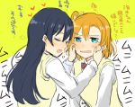  2girls black_hair blue_eyes cheek_pinching closed_eyes heart kousaka_honoka long_hair love_live!_school_idol_project multiple_girls nagiriku912 orange_hair pinching school_uniform side_ponytail sonoda_umi translation_request vest 