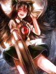  1girl arm_cannon bird_wings black_hair black_wings bow cape hair_bow highres jan_(artist) open_mouth puffy_short_sleeves puffy_sleeves red_eyes reiuji_utsuho shirt short_sleeves skirt smile solo third_eye touhou weapon wings 