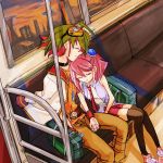  1boy 1girl ahoge bag choker closed_eyes goggles goggles_on_head green_hair head_on_shoulder hiiragi_yuzu holding_hands jewelry multicolored_hair necktie pendant pink_hair redhead sakaki_yuuya school_bag school_uniform sleeping sleeveless thigh-highs train train_interior two-tone_hair yaeno567 yuu-gi-ou yuu-gi-ou_arc-v zettai_ryouiki 