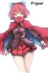  1girl blush cape covering_mouth dutch_angle hair_ornament hair_ribbon long_sleeves looking_at_viewer miniskirt red_eyes redhead ribbon sekibanki shirt short_hair simple_background skirt solo touhou twitter_username white_background wowoguni 