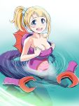  1girl :d bare_shoulders blonde_hair blue_eyes blush breasts claws cleavage costume gloves_removed highres looking_at_viewer open_mouth pantyhose partially_submerged ponytail poses_oii_(robot_girls_z) revision robot_girls_z scrunchie smile solo swimming water wet zouni_(xavier) 