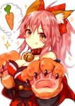  1girl :p animal_ears bad_id bad_pixiv_id bell bell_collar blurry blush_stickers breasts carrot claws cleavage collar depth_of_field fate/grand_order fate_(series) fox_ears hair_ribbon highres large_breasts long_hair looking_at_viewer paws pink_hair ribbon solo sparkle sukemyon tamamo_(fate)_(all) tamamo_cat_(fate) tongue tongue_out upper_body yellow_eyes 