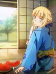  +_+ 1girl artoria_pendragon_(all) blonde_hair fate/stay_night fate/zero fate_(series) food fruit highres japanese_clothes kimono looking_at_viewer magicians_(zhkahogigzkh) popsicle ribbon saber sliding_doors solo symbol-shaped_pupils tree watermelon yukata 