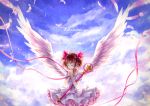  1girl brown_hair cardcaptor_sakura closed_eyes dress highres hoshi_no_tsue kinomoto_sakura magical_girl momoko_(momoko14) ribbon short_hair smile solo wand wings 