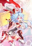  1girl ahoge axe blanc blue_hair choujigen_game_neptune highres holding holding_weapon jpeg_artifacts neptune_(series) open_mouth rectangular_mouth red_eyes short_hair_with_long_locks solo sxbzero weapon white_heart 