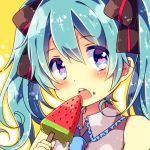  1girl aqua_hair blue_eyes blush eating food food_on_face hair_ribbon hatsune_miku heart heart-shaped_pupils necktie open_mouth popsicle ribbon solo symbol-shaped_pupils twintails urara_(sumairuclover) vocaloid watermelon_bar 