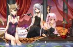  4girls animal_ears bare_shoulders black_dress black_gloves black_hair blush bottle breasts bridal_gauntlets brown_hair cleavage cup detached_collar dress eyepatch flower fox_ears fox_tail gloves green_eyes highres hookah lamia large_breasts lily_pad long_hair looking_at_viewer midnight_(artist) mole monster_girl multiple_girls original pillar pillow pink_hair pointy_ears red_eyes ribbon silver_hair smile soaking_feet tail tail_ribbon tattoo water 