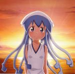  1girl bare_shoulders blue_eyes blue_hair blush dress hat highres ikamusume looking_at_viewer official_art scan solo sunset tentacles white_dress 