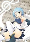  1girl :d armband blue_eyes blue_hair cape gloves hair_ornament hairclip highres kyabechi mahou_shoujo_madoka_magica mahou_shoujo_madoka_magica_movie miki_sayaka musical_note open_mouth short_hair smile solo staff_(music) sword thigh-highs weapon zettai_ryouiki 