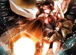  1girl arm_cannon bird_wings black_wings brown_hair cape firing glowing glowing_weapon hair_bobbles hair_ornament highres jan_(artist) puffy_sleeves red_eyes reiuji_utsuho shirt skirt solo third_eye touhou weapon wings 