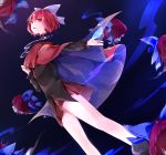 1girl cape disembodied_head gradient gradient_background hair_ornament hair_ribbon long_sleeves looking_at_viewer miniskirt multiple_heads open_mouth outstretched_arm red_eyes redhead ribbon sekibanki shirt short_hair skirt solo touhou yuki_hiyoko_(bluishsky) 