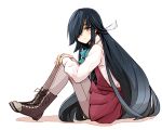  1girl artist_request black_hair boots brown_eyes cross-laced_footwear hair_over_one_eye hands_on_knees hayashimo_(kantai_collection) kantai_collection long_hair neck_ribbon pantyhose ribbon school_uniform sitting very_long_hair white_background 