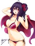  1girl bikini black_hair blush breasts flower glasses hair_flower hair_intakes hair_ornament hands_up kikyou-0423 large_breasts long_hair open_mouth original pince-nez ponytail red_bikini red_eyes side-tie_bikini signature simple_background solo swimsuit towel white_background 