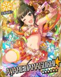  armpits black_hair character_name fingerless_gloves gloves green_eyes hamakawa_ayuna idolmaster idolmaster_cinderella_girls long_hair microphone odango singing skirt stars wink 