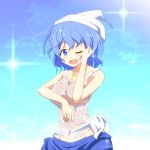  1girl ;d blue_eyes blue_hair blush cato_(monocatienus) hat jewelry letty_whiterock navel necklace one_eye_closed open_mouth short_hair smile solo sparkle tank_top tareme touhou wavy_hair wet wet_clothes 