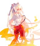  1girl albino alternate_hairstyle bow fire fujiwara_no_mokou hair_bow hair_ornament hair_ribbon long_hair looking_away nr_(cmnrr) pants ponytail red_eyes ribbon shirt short_sleeves simple_background solo torn_clothes torn_sleeves touhou white_background white_hair 