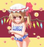  1girl absurdres afterimage alternate_costume bikini bikini_skirt blonde_hair blush chainmon crossed_arms embarrassed fang fang_out flandre_scarlet full-face_blush hat hat_ribbon highres looking_at_viewer mob_cap navel orb parted_lips pointy_ears polka_dot polka_dot_bikini polka_dot_swimsuit red_eyes ribbon short_hair side_ponytail slit_pupils solo swimsuit touhou two-tone_background wings 