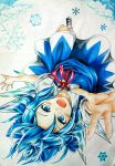  1girl absurdres ankle_socks blue_dress blue_eyes blue_hair cirno clouds cloudy_sky dress flying foreshortening graphite_(medium) hair_ribbon highres looking_at_viewer marker_(medium) mary_janes mr.bukiyo open_hand open_mouth outstretched_arms reaching_out ribbon shoes short_hair sky snowflakes solo touhou traditional_media upside-down wings 