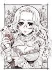  1girl blush bra breasts cellphone cleavage cleavage_cutout flower glasses highres jewelry large_breasts long_hair long_sleeves looking_at_viewer monochrome necklace open-chest_sweater open_mouth original phone ribbed_sweater smartphone smile solo sweater takanashi_ringo underwear 