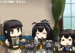  3girls akizuki_(kantai_collection) armor black_hair bowl braid chopsticks chou-10cm-hou-chan eating hakama hamu_koutarou headband japanese_clothes kantai_collection kitakami_(kantai_collection) long_hair midriff multiple_girls muneate payot ponytail rice school_uniform sparkle violet_eyes 