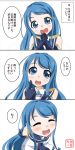  1girl 3koma :d ^_^ bare_shoulders blue_eyes blue_hair closed_eyes comic commentary_request detached_sleeves gloves highres kantai_collection long_hair looking_at_viewer musical_note open_mouth oresama_x sailor_collar sailor_dress samidare_(kantai_collection) smile solo translation_request very_long_hair 