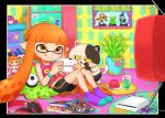  1girl :p amiibo cat character_doll clock colorful cup drawer drink fish game game_console holding indoors inkling jajji-kun_(splatoon) jelly long_hair mask orange_eyes orange_hair plant playing_games potted_plant riko_(sorube) splatoon squid starfish tentacle_hair tongue tongue_out wii_u 
