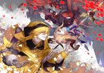  1boy 1girl blonde_hair blue_eyes cloak fate/zero fate_(series) gilgamesh lilin99jh red_eyes saber skeleton sword weapon 